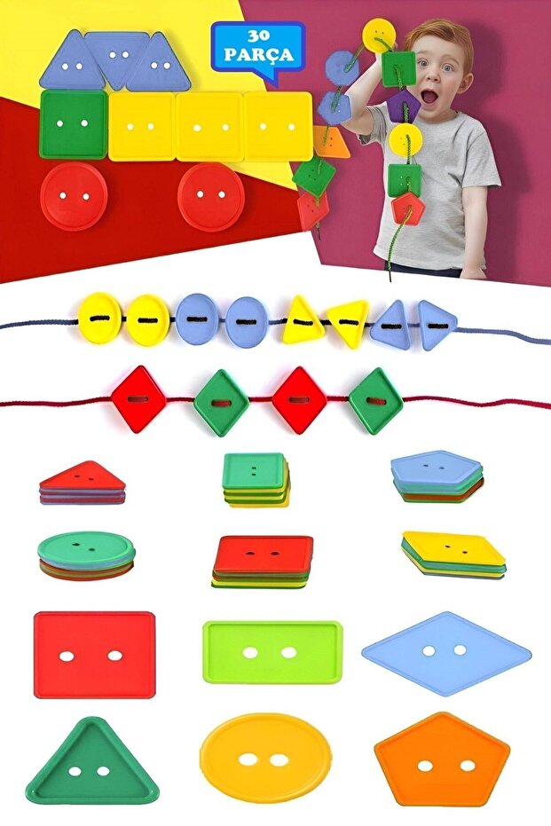 Minoar 2 Set Geometrik Şekiller İpe Düğme Geçirme Eğitici Oyuncak
