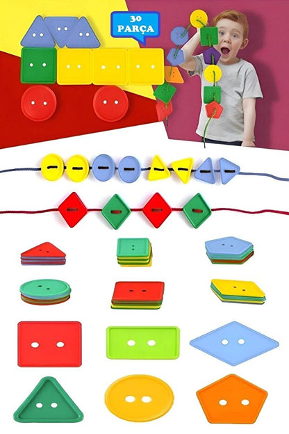 Minoar 2 Set Geometrik Şekiller İpe Düğme Geçirme Eğitici Oyuncak